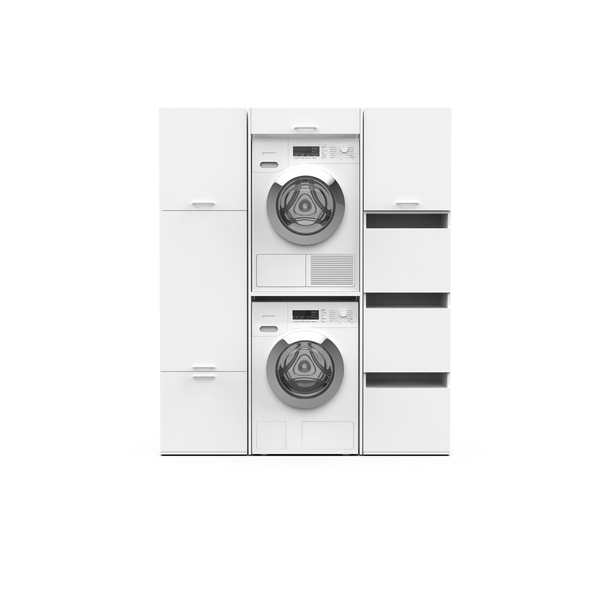 White laundry storage set with stacked washer and dryer, multiple cabinets, and drawers.